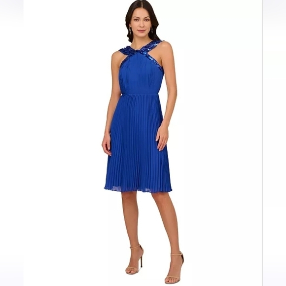 Adrianna Papell Dresses & Skirts - NWT Adrianna Papell Pleated Chiffon Sequin Halter Dress Brilliant Sapphire Sz 8